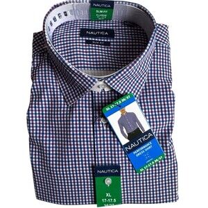 Nautica Mens XL 17-17.5 36/37 Shirt Purple Performance Slim Fit Dress Button New